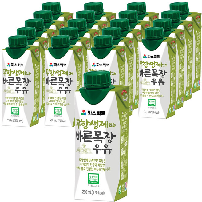 파스퇴르 바른목장 우유, 250ml, 20개