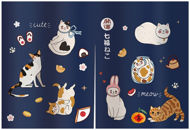 日式短門簾, 開運七福貓 藍色