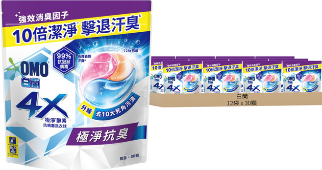白蘭 4X極淨酵素抗病毒洗衣球補充包 抗臭護纖, 30顆, 12袋