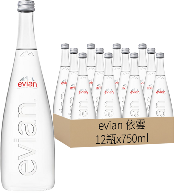 evian 依雲 台灣公司貨 天然礦泉水 玻璃瓶, 750ml, 12瓶