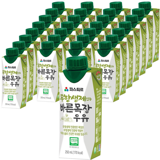 파스퇴르 바른목장 우유, 250ml, 60개