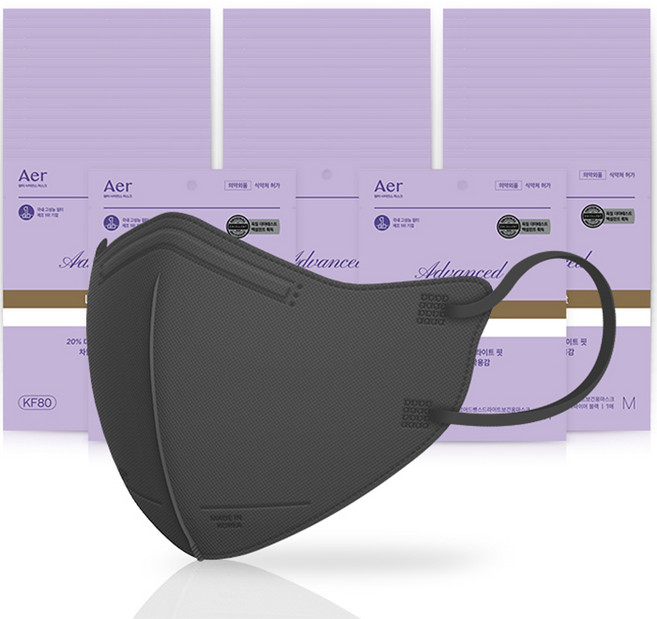 아에르 어드밴스드 라이트 핏 보건용 마스크 M KF80, 1개입, 50개, 블랙