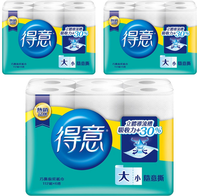得意 金得意系列 巧撕廚房紙巾 112張, 6捲, 3袋