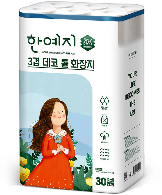 한예지 3겹데코 천연펄프 롤화장지 27m, 30롤, 1개