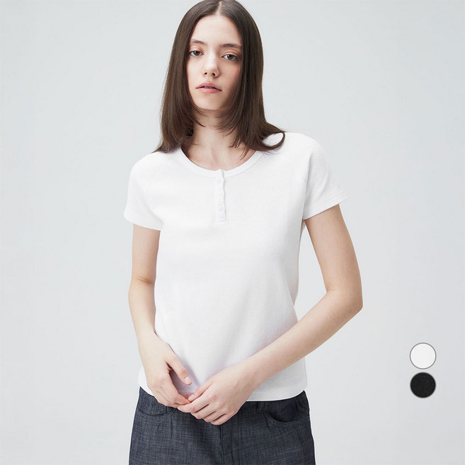 ELLEPARIS 여성용 통기성 미니와플 스트레치 헨리넥 반팔 티셔츠