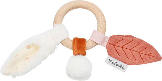 Moulin Roty 手搖鈴 天然木材圓環 兔耳音樂 原木色 + 白色 + 粉色, 1個