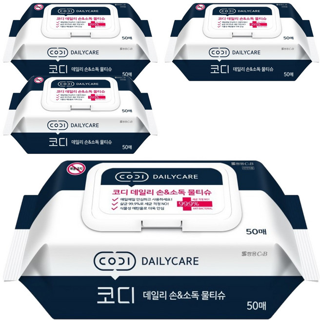 코디 데일리 손 앤 소독 물티슈 캡형, 60g, 50매, 4개