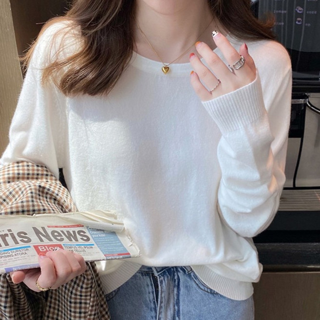 메이첼 여성용 얇은 스웨터 긴팔 루즈핏 솔리드 라운드넥 10244