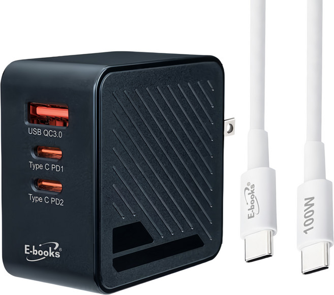 E-books B72 65W GaN 氮化鎵三孔充電器 + 100W C to C 快充傳輸線組, 黑色 + 白色, 1組