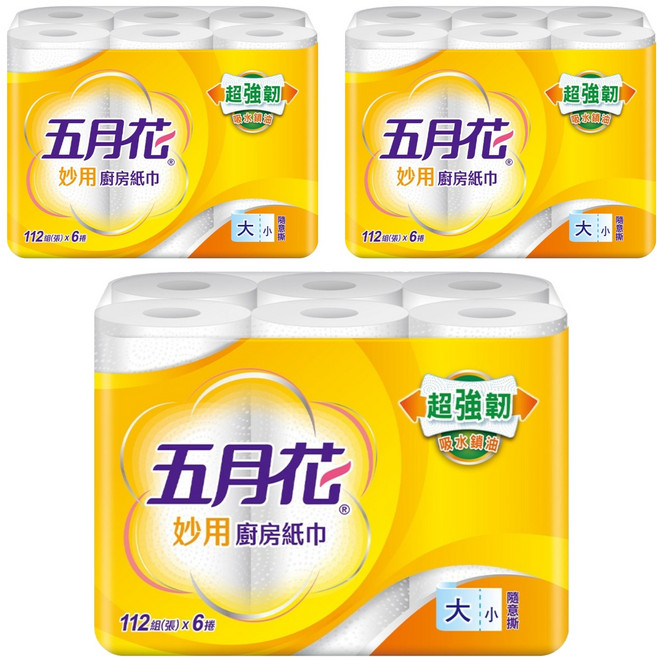 五月花 妙用廚房紙巾 112張, 6捲, 3袋