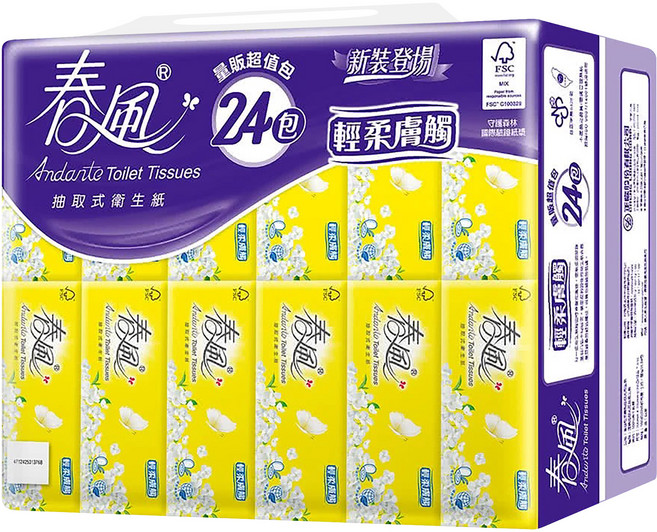 春風 輕柔膚觸抽取式衛生紙, 24包, 1袋