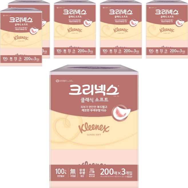 크리넥스 클래식 소프트 천연펄프 미용티슈 2겹, 3개입, 18개