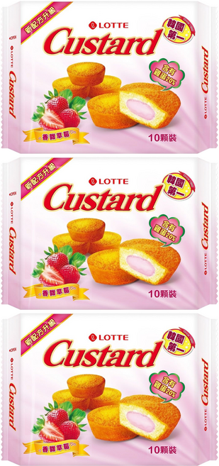 LOTTE 樂天 Custard 蛋黃派 草莓 10包, 220g, 3盒