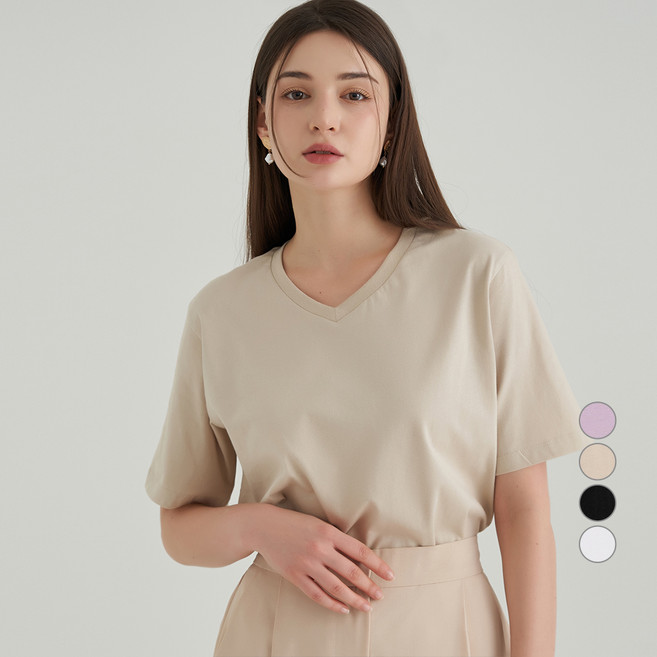 ELLE PARIS 여성용 통기성 베이직 브이넥 반팔 티셔츠