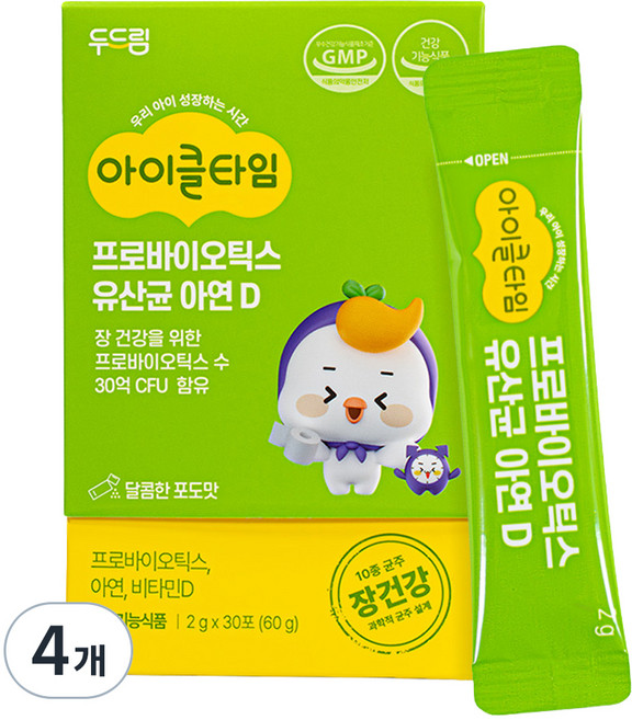 두드림 아이클타임 프로바이오틱스 유산균 아연 D 30p, 60g, 4개