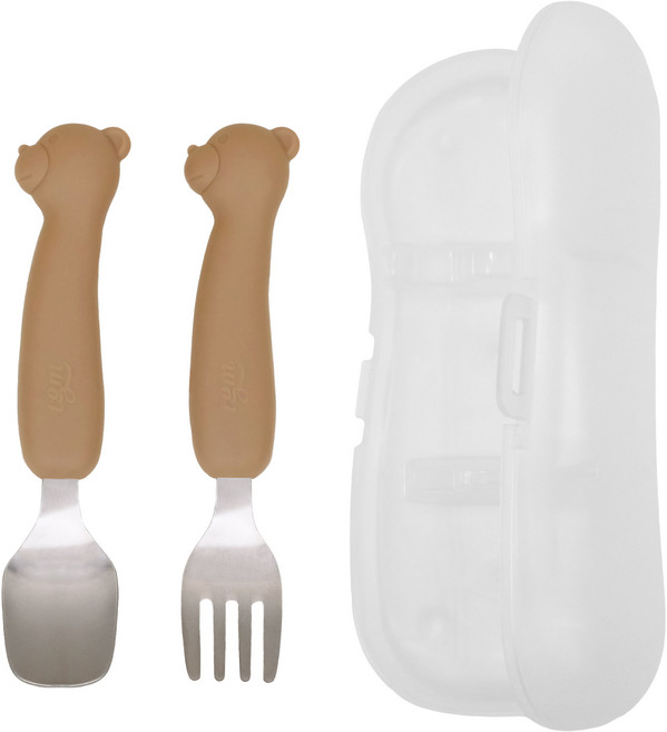 티지엠 국산 유아용 휴대용 곰돌이 실리콘 쁘띠 스텐 스푼 + 포크 + 케이스 세트, 초콜릿(스푼, 포크), 랜덤발송(케이스), 1세트