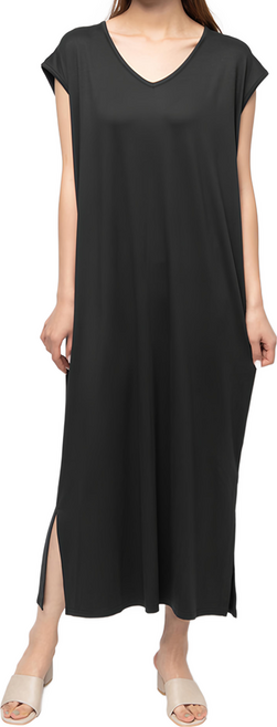 CARET 女士蓋肩長版連衣裙 V領 柔軟舒適, 黑