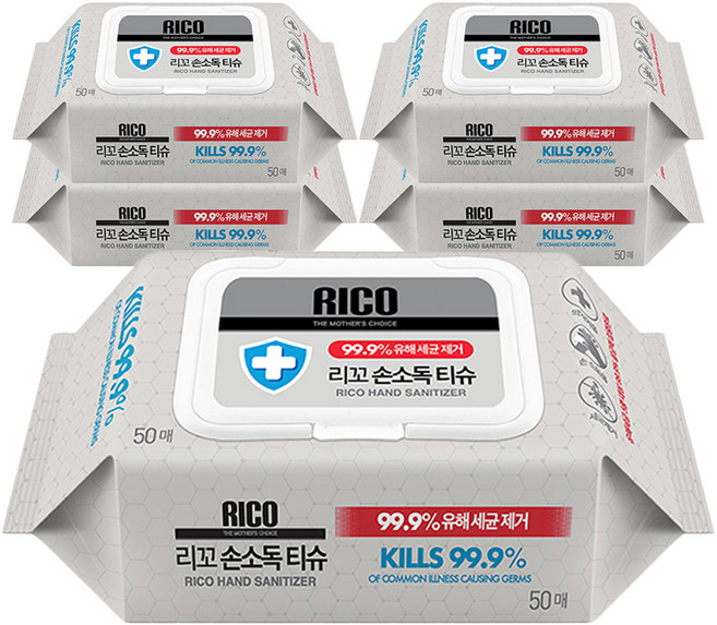 리꼬 손 살균 소독 티슈 캡형, 60g, 50매, 5개