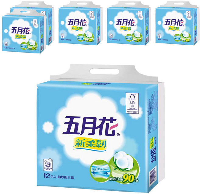 五月花 新柔韌抽取衛生紙 110張, 12包, 6袋