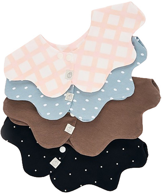 agazzang 孩童用波浪邊圍兜, H 粉色格紋+雲朵藍+摩卡棕+方形黑, 4件, 1組
