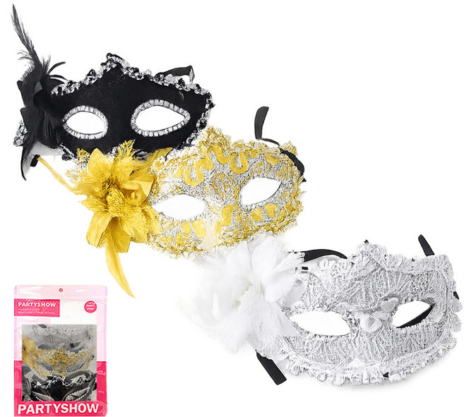 파티쇼 베네치아 플라워 반가면 3종 세트, 골드, 블랙, 화이트, 1세트