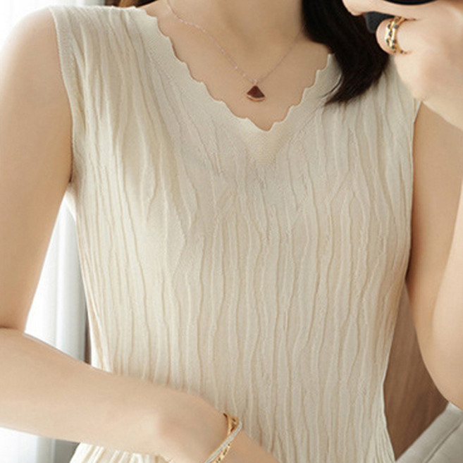 더시럽 여성용 웨이브 V넥 심플 민소매 니트