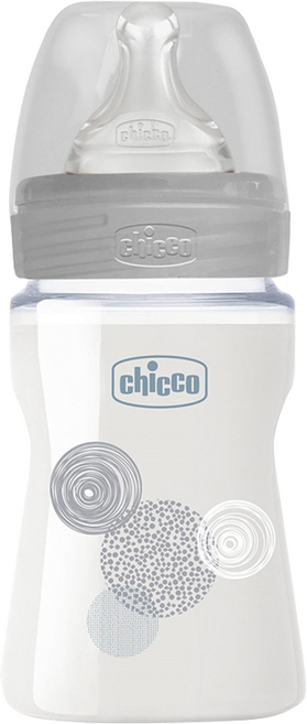 chicco 舒適哺乳 防脹氣玻璃奶瓶 小單孔, 自然率性 透明, 150ml, 1個
