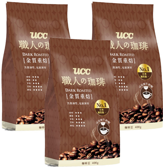 ucc 職人的珈琲 金質重焙咖啡豆, 咖啡豆(無研磨), 400g, 3包