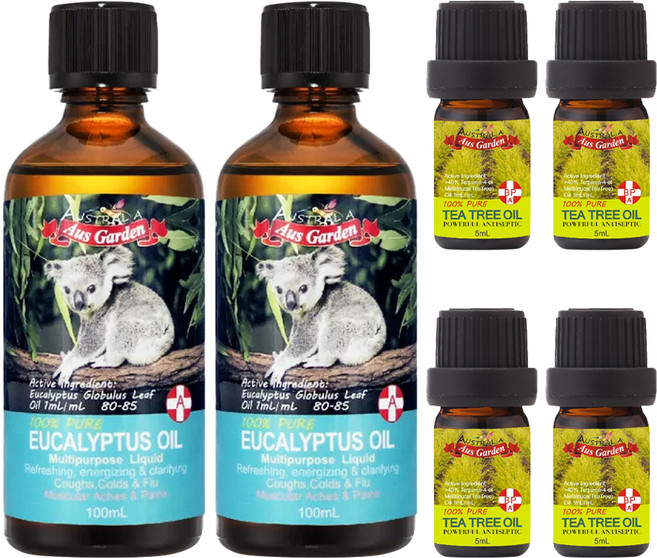 Aus Garden 澳維花園 台灣公司貨 頂級精油 大加小6件組 藍膠尤加利精油100ml 2瓶 + 茶樹精油5ml 4瓶, 220ml, 1組