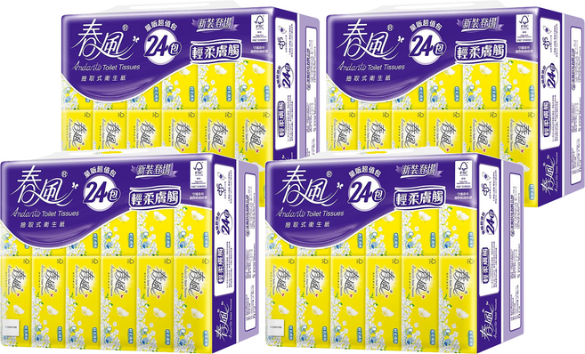 春風 輕柔膚觸抽取式衛生紙, 24包, 4袋