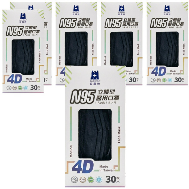 BLUE EAGLE 藍鷹牌 N95 4D立體型醫療成人口罩, 深海藍, 30片, 6盒