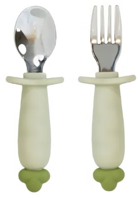 PiYOPiYO 黃色小鴨 鉑金矽膠316不鏽鋼學習蘿蔔湯叉組, 湯匙 + 叉子, 白色, 1組