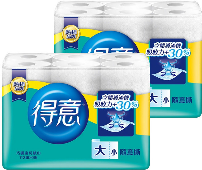 得意 金得意系列 巧撕廚房紙巾 112張, 6捲, 2袋