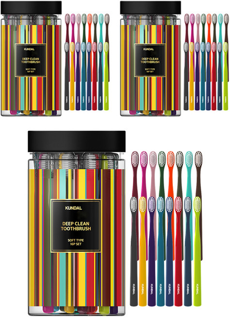 쿤달 딥 클린 이중 미세모 부드러운 칫솔, 16개입, 3개