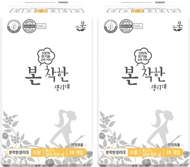 유기농본 착한 생리대 날개형, 소형, 28개입, 2개