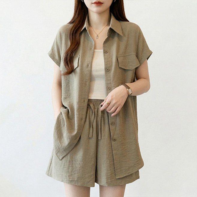 아이캔심플 여성용 루즈핏 밴딩 반팔 셔츠 + 반바지 세트