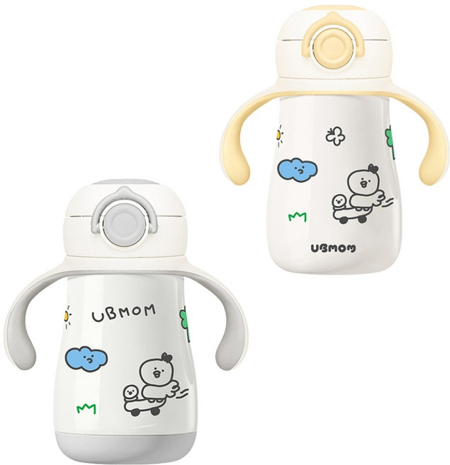 유비맘 스테인리스 데일리 원터치 빨대컵 2p, 260ml, 1세트, 그레이 + 옐로우