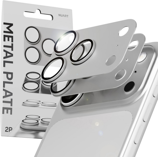 누아트 빛번짐 차단 후면 카메라 렌즈 메탈 플레이트 풀커버 강화유리 보호필름 2p 세트 실버, 1세트