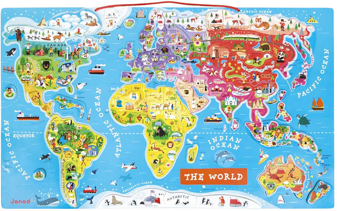 法國Janod 磁性木質拼圖-世界地圖(英文), 92片, 1組