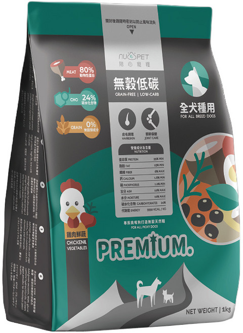 nu4PET 陪心寵糧 無穀低碳 全齡犬 乾飼料 雞肉鮮蔬 1kg, 關節保健/皮毛調理, 1袋