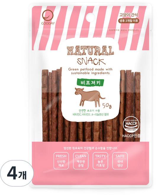 굿데이 네츄럴 스낵 고양이 간식, 비프 져키, 50g, 4개