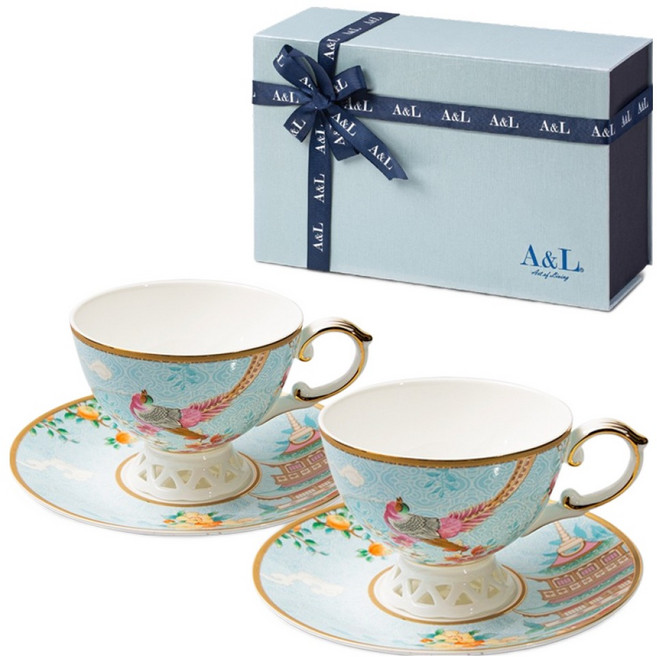 A&L 骨瓷咖啡對杯禮盒組, 五福報喜 藍色, 1組