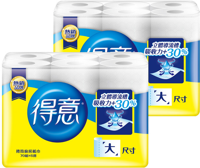 得意 捲筒式廚房紙巾 70張, 6捲, 2袋