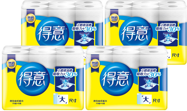 得意 捲筒式廚房紙巾 70張, 6捲, 4袋