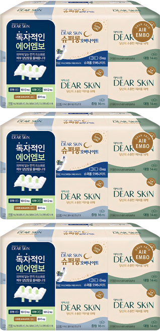 디어스킨 에어엠보 생리대 날개형 중형 16p 3팩 + 대형 14p 2팩 + 슈퍼롱 8p, 3세트, 1세트