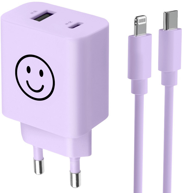 모잇 PD25W 2포트 PPS 초고속충전기 + 8핀 라이트닝 아이폰 케이블 1.3m, 퍼플 스마일, 1세트