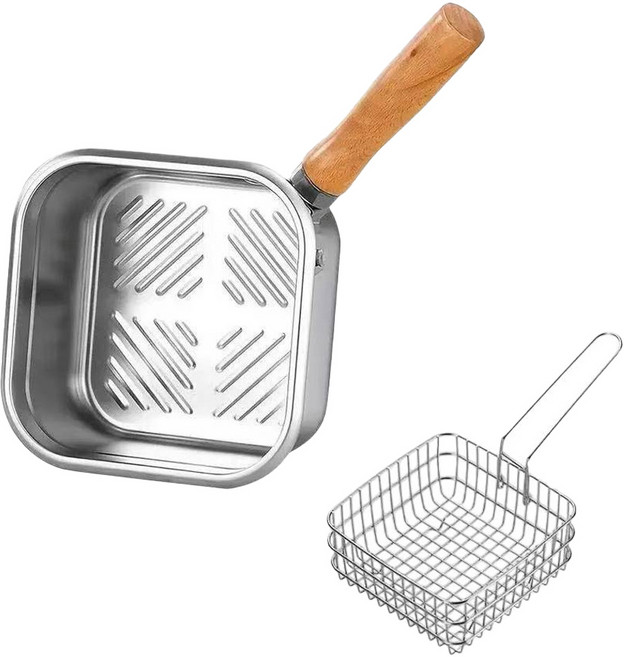 couselect 日式方形不鏽鋼油炸鍋 + 油炸籃, 1組, 20.5cm, 銀色