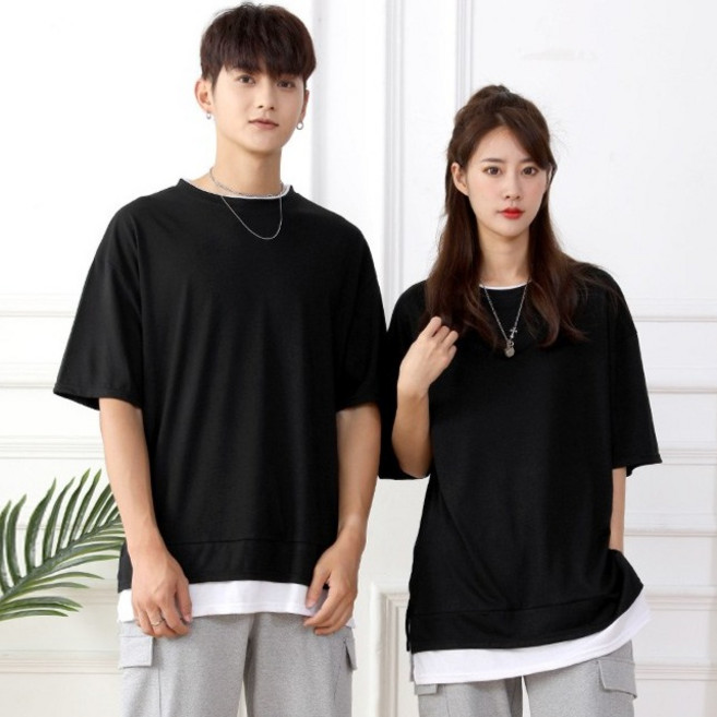 턴키 남녀공용 이중 레이어드 반팔 롱 티셔츠 SP-262