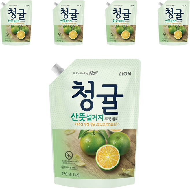 참그린 청귤 산뜻 설거지 주방세제 리필, 970ml, 5개