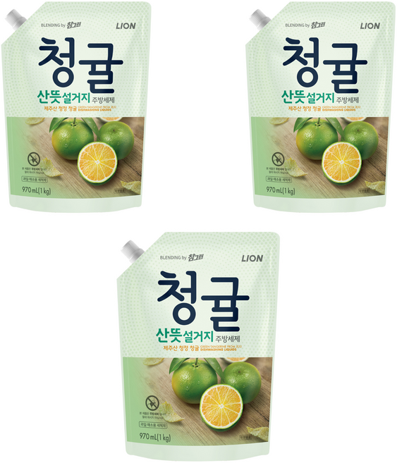 참그린 청귤 산뜻 설거지 주방세제 리필, 970ml, 3개